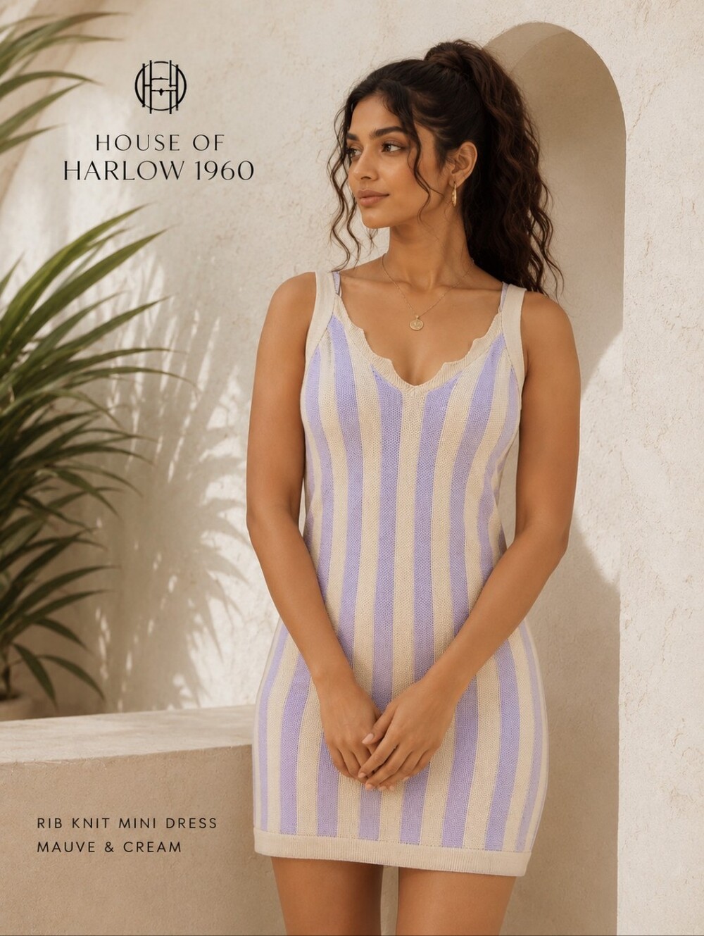 House of Harlow 1960 NWOT Texture Stitch Striped Mini Dress Mauve/Cream  Sz Sm